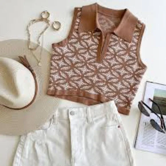 Johnny polo collar v-neck sleeveless Cropped jacquard knit sweater vest size L - Picture 5 of 10